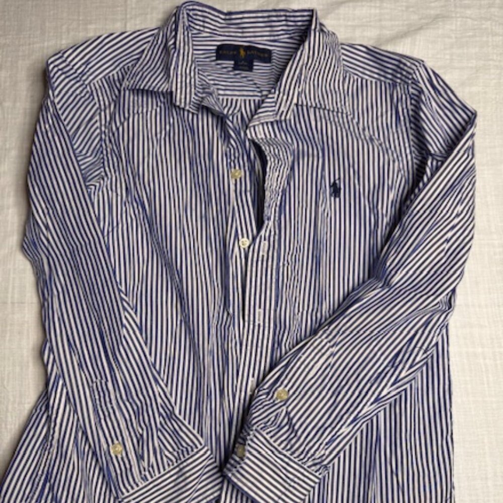Polo Ralph Lauren Boys Blue White Striped Button Down Shirt Size 14 16 Classic
